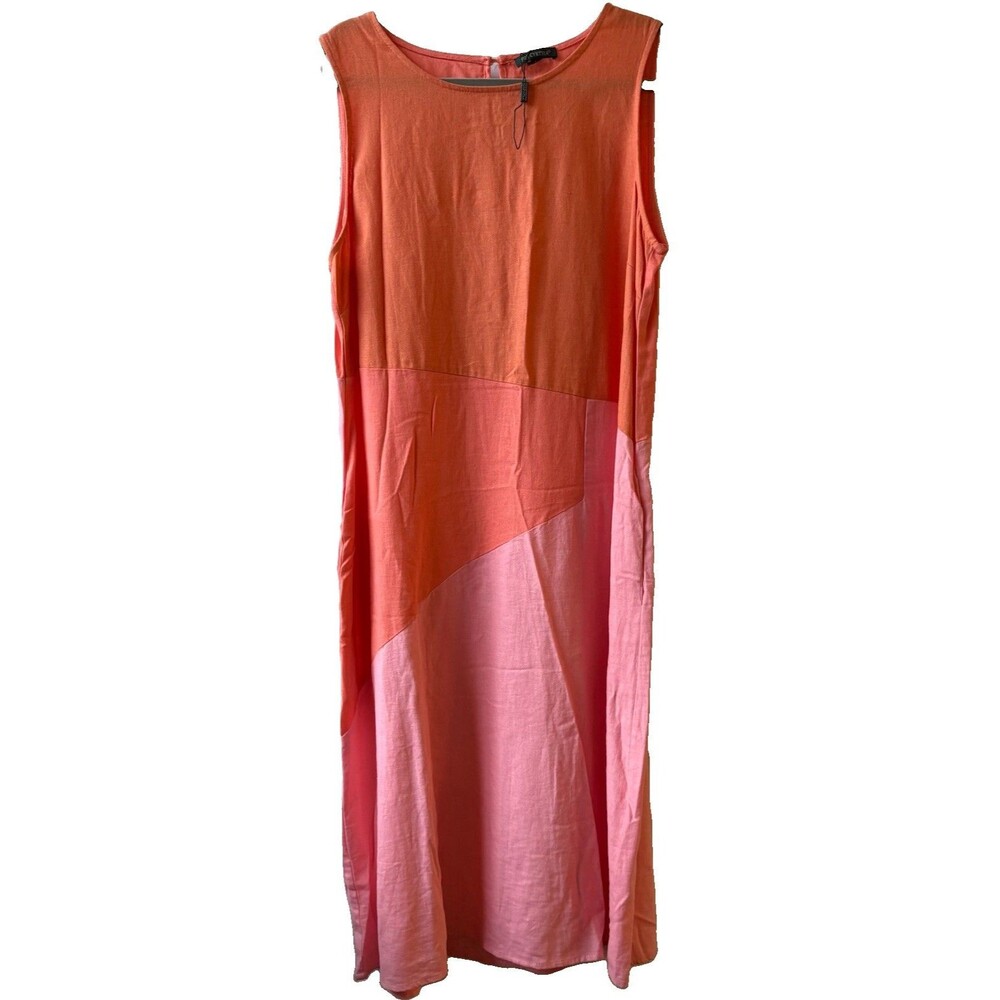 For Cynthia Women’s Orange Pink Colorblock Shift Midi Dress Sleeveless L Linen